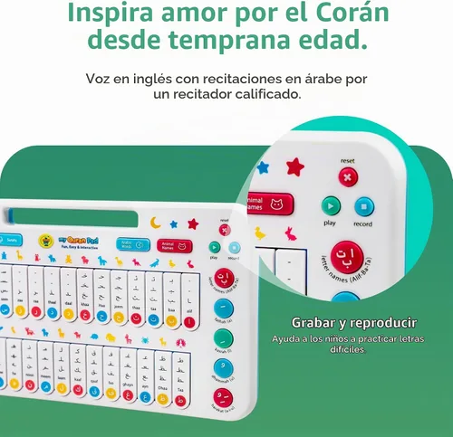 Vista 4 de My Salah Mat - Juguetes islámicos para niños - My Quran Pad - Juguete educativo para enseñar el alfabeto árabe para niños con palabras diarias