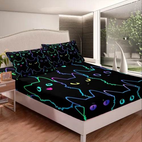 Vista 4 de Erosebridal Juego de ropa de cama para niños, sábanas kawaii con diseño de gato, tamaño individual, juego de cama de 3 piezas con 1 sábana bajera, 1