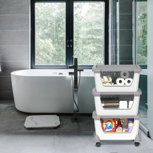 Vista 7 de Morcte Paquete de 5 cestas de almacenamiento apilables de plástico con tapas, cesta organizadora apilable con ruedas, color gris Stacking