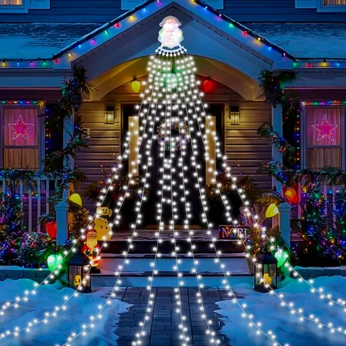 Vista 10 de Guirnalda de luces de cascada de Navidad para exteriores, luces de árbol de Navidad con 335 luces LED de 11.48 pies, 9 hebras, 8 modos