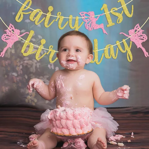 Vista 8 de Cartel de primer cumpleaños de hada, decoración de fiesta de primer cumpleaños de hadas, pancarta de primer cumpleaños para niña, decoraciones