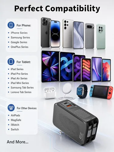 Vista 10 de Cargador USB C retráctil, cargador de iPhone de 45 W, carga rápida, bloque de enchufe plegable 4 en 1, cable doble tipo C para iPhone 17E/17