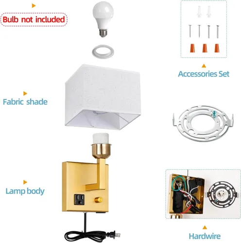 Vista 4 de Aplique de pared enchufable, lámpara de pared de cabecera con enchufe y interruptor regulable, con puerto de carga USB y toma de corriente, adecuado