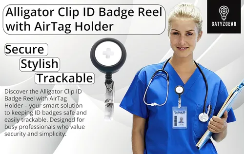 Vista 4 de Carrete de identificación con clip de cocodrilo con soporte para AirTag – Rastreador de tarjetas de identificación compatible con Apple AirTag