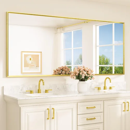 Vista 91 de TETOTE Espejo de baño dorado cepillado de 20" x 30", espejo de tocador de baño rectangular de latón dorado cepillado con marco biselado para sobre