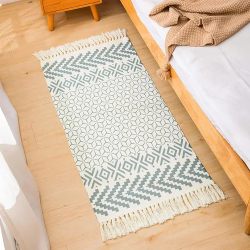 Vista 11 de Winwinplus Alfombra de algodón tejida a mano retro bohemia con borlas, alfombra geométrica para el suelo, sala de estar, dormitorio, decoración