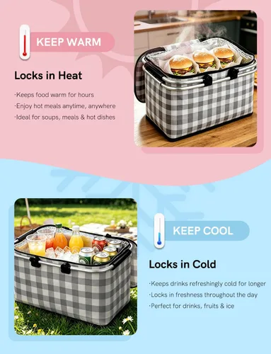 Vista 3 de Cesta de picnic aislada, bolsa enfriadora plegable, cesta de comestibles de 32 litros con tapa, 2 asas resistentes, cesta de almacenamiento