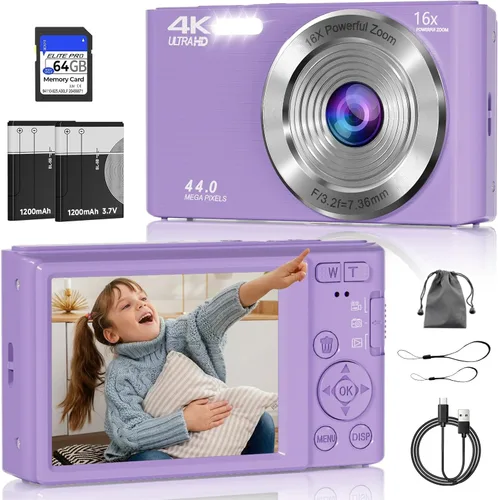 Vista 11 de Cámara digital 4K, cámara digital compacta digital de enfoque automático, zoom digital de 16X, cámara de viaje mejorada con tarjeta SD de 64 GB, 2