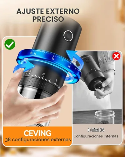 Vista 5 de CEVING Primer Molinillo de Café Recargable que Muele Mientras se Carga, Molienda 1.7X Más Rápida con 38 Configuraciones Ajustables Externas, Fresas