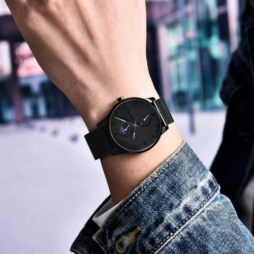 Vista 2 de SKMEI Black Watches for Men Fashion Minimalist Waterproof Ultra-Thin Analog Quartz Moon Phase Stainless Steel Mesh Band Wristwatch for Men