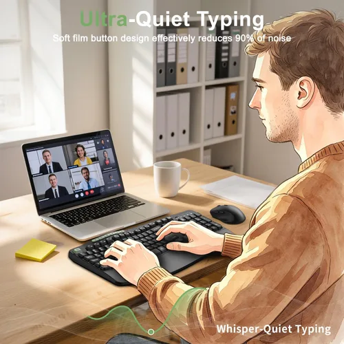 Vista 6 de Combo de teclado y mouse inalámbricos, teclado ergonómico con 6 teclas multimedia, teclado de tamaño completo 2.4G con reposamuñecas, mouse