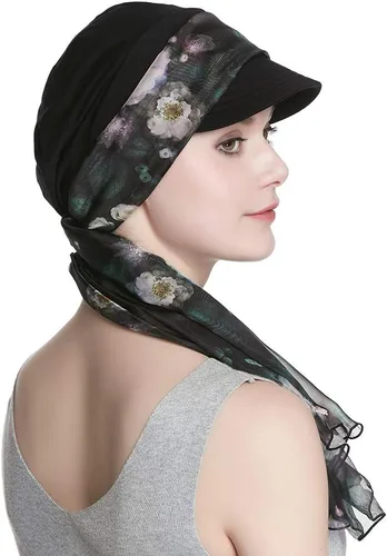 Vista 5 de Alnorm Juego de gorro y pañuelo de algodón transpirable para quimioterapia para mujeres Negro Rosado