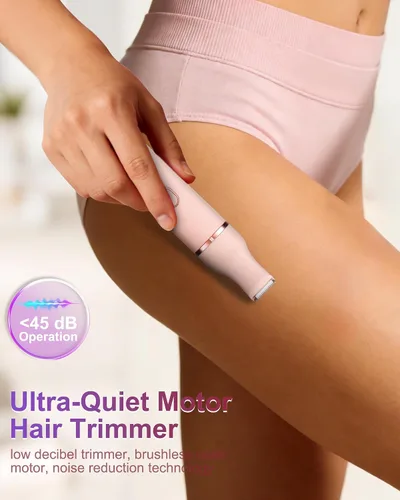 Vista 4 de Recortadora de bikini para mujer, recargable, con cuchillas de cerámica a presión, cabeza lavable IP7X, color rosa pastel