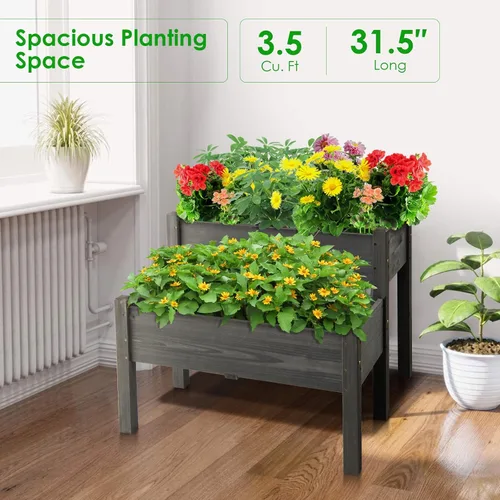 Vista 6 de RELAX4LIFE Cama de jardín elevada de 2 niveles, maceta elevada de madera de abeto con patas, 8 agujeros de drenaje, capacidad de 220 para cultivar