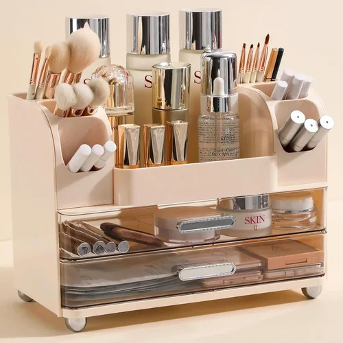 Vista 5 de Organizador de maquillaje Anyoifax para encimera con cajones grandes, organizador de tocador con soporte para brochas, almacenamiento