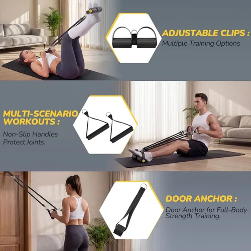 Vista 6 de Bandas de resistencia mejoradas para pedal de pie con asas, 4 bandas de resistencia ajustables para abdomen, cintura, brazo, núcleo/ABS