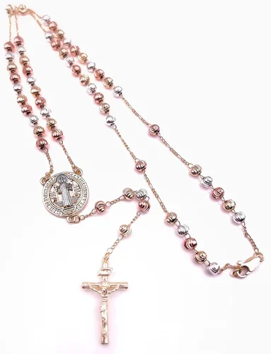 Vista 2 de Catholic Rosary Beads Necklace Silver Rose and Gold Tone Tricolor Ball Chain