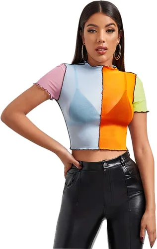Vista 9 de Sweatyrocks - Blusa de manga corta de tela de malla transparente para mujer Mármol