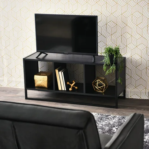 Vista 2 de Household Essentials Mesa consola multimedia de roble y hierro negro