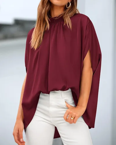 Vista 114 de BTFBM Blusas de verano para mujer, cuello alto falso, manga murciélago, holgadas, dobladillo alto y bajo, blusas informales de gran