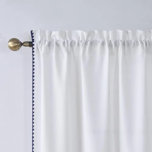 Vista 4 de Arlene - Cortina bohemia con borde bordado cosido azul para ventana, par de paneles de borlas blancas, cada uno de 42 pulgadas de ancho x 84