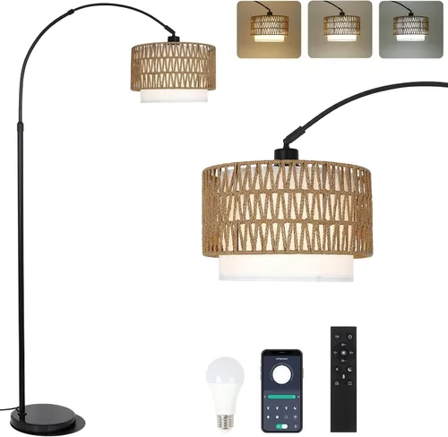 Vista 10 de Lámparas de pie arqueadas para sala de estar con 3 temperaturas de color, lámpara de pie negra con control remoto y bombilla LED regulable, lámpara