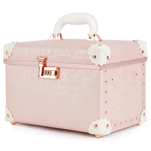 Vista 11 de urecity Estuche de maquillaje vintage de piel artificial, organizador profesional de cosméticos con cerradura de combinación de metal, caja