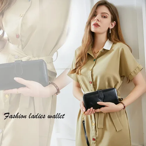 Vista 8 de Heshe Bolso de hombro de piel auténtica para mujer con asa superior bolso cruzado para oficina mujer y mujer cartera larga clip de dinero tarjetero