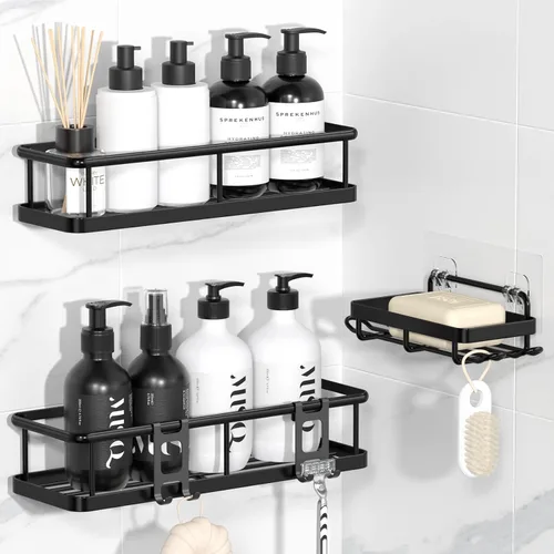 Vista 17 de YASONIC Organizador de ducha adhesivo, estantes de ducha a prueba de óxido para ducha interior, organizadores de baño de gran capacidad