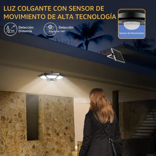 Vista 3 de Deogos Luces colgantes solares, luces solares de doble cabezal con sensor de movimiento para exteriores, 180 luces LED solares para interiores