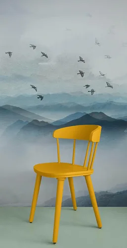 Vista 5 de Papel tapiz para guardería. Papel tapiz de pájaros que vuelan sobre la montaña. Papel tapiz removible, pintura de acuarela de vista de montaña.