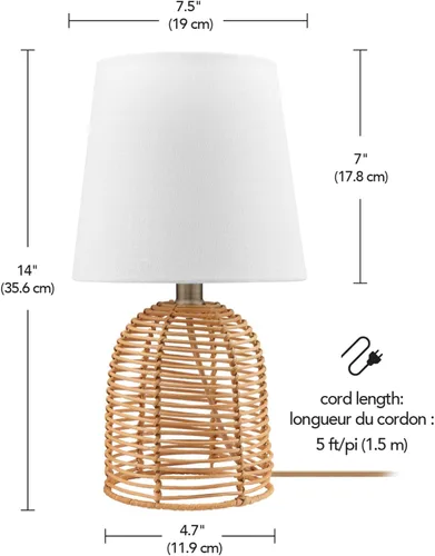 Vista 9 de GLOBE 61000047 - Lámpara de mesa eléctrica de 14 pulgadas, base de ratán, pantalla de lino blanco, interruptor giratorio de encendido/apagado