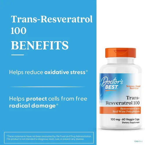 Vista 4 de Doctor's Best Trans Resveratrol - Suplemento de 100 mg para hombres y mujeres, polifenoles de vino tinto para la salud y el apoyo antioxidante