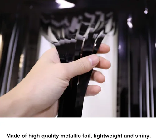 Vista 7 de Guirnalda gruesa de flecos de papel de aluminio negro de 10 pies por 15 pulgadas, paquete de 3, pancarta de oropel metálica brillante