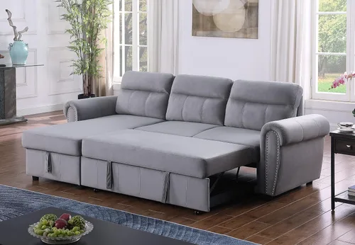 Vista 7 de Ashton - Sofá seccional reversible de tela de terciopelo gris