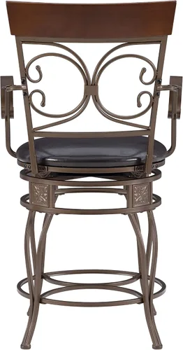 Vista 13 de Powell Dayne - Taburete grande y alto de 24 asientos con brazos en metal de bronce oscuro con asiento acolchado de piel sintética marrón oscuro