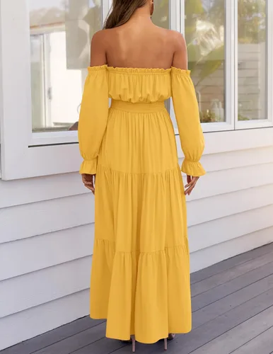 Vista 107 de ZESICA - Vestido largo, bohemio y sexy, con hombros descubiertos y manga larga fruncida, con elástico fruncido, cintura alta y abertura lateral