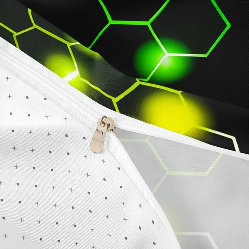 Vista 6 de Feelyou Juego de ropa de cama verde y negro tamaño individual para niños y adolescentes, juego de funda de edredón con temática hexagonal
