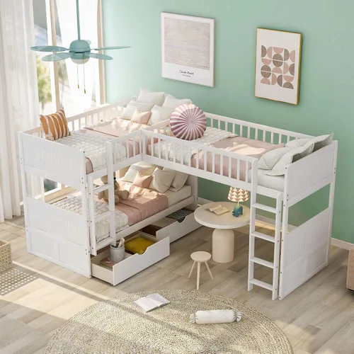 Vista 8 de Harper & Bright Designs Literas triples en forma de L, cama de tamaño individual con una cama alta adjunta, litera de madera con dos cajones de Gris
