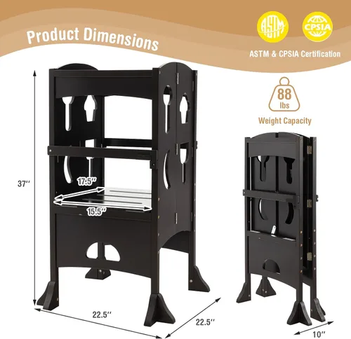 Vista 7 de HONEY JOY Taburete de cocina para niños pequeños, torre de pie de madera con barandilla de seguridad, taburete de aprendizaje plegable Montessori