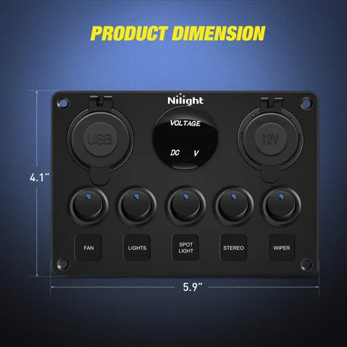 Vista 5 de Nilight 90101E Panel de Interruptores Basculantes Multifunción de 5 Posiciones con Cargador USB Dual + Voltímetro Digital + Toma de 12V Precableado