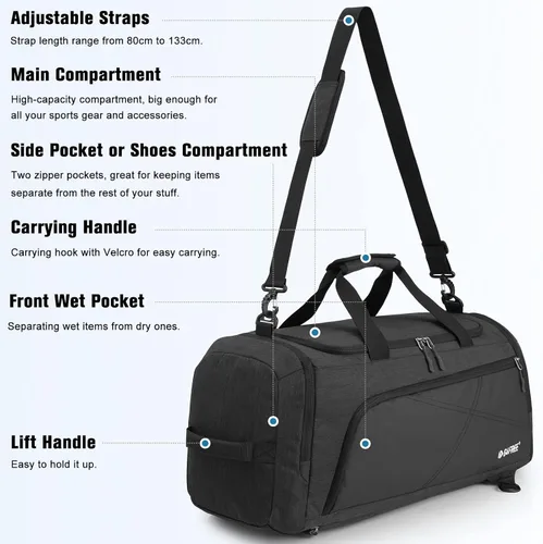 Vista 6 de G4Free Mochila de lona de 3 vías de 45L60L, bolsa de gimnasio con bolsillo húmedo y compartimento para zapatos, bolsa de lona para viajes