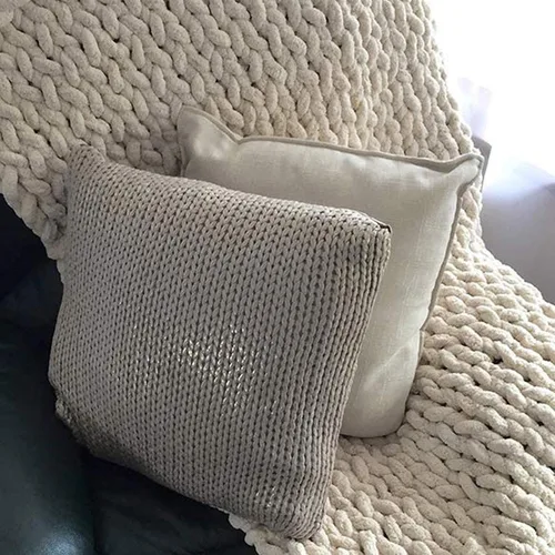 Vista 5 de Manta de punto grueso de felpilla beige, hecha a mano, voluminosa, suave, esponjosa, de gran tamaño, trenzada a mano, para sofá, regalo bohemio, 24