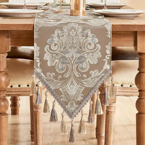 Vista 11 de Loom and Mill - Camino de mesa de damasco elegante y lujoso, 72 pulgadas de largo, color beige Jacquard Table Runners with Handmade Multi-Tassels