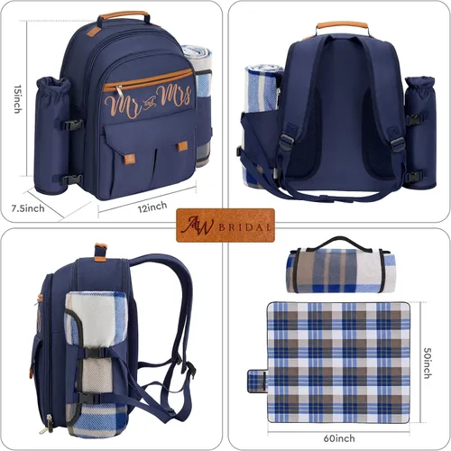 Vista 5 de Juego de cestas de picnic de 22 litros, mochila de picnic con aislamiento azul para 2, a prueba de fugas, regalos de campamento geniales