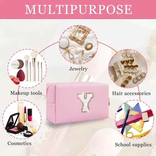 Vista 4 de Bolsa de maquillaje con parche de letra inicial personalizada, bolsa de cosméticos de chenilla preppy con letra de chenilla con cremallera, Y