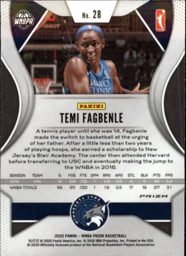 Vista 2 de 2020 Prizm WNBA Silver Refractor #28 Temi Fagbenle Minnesota Lynx Official Panini America Women's Basketball Trading Card