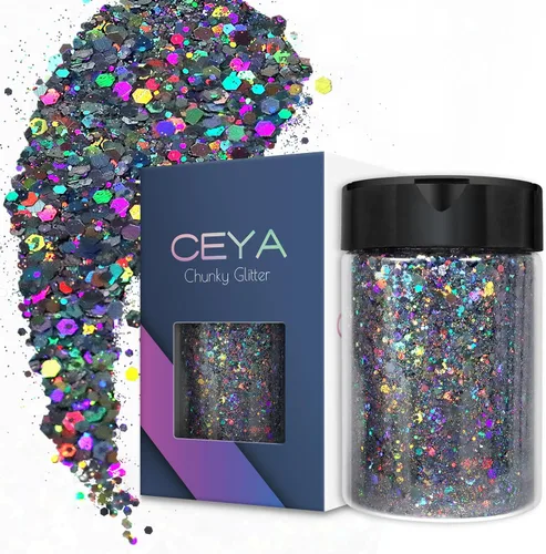 Vista 14 de Ceya Brillantina gruesa holográfica, 1 libra/16 onzas, oro diamante a granel, purpurina mixta gruesa y fina embotellada con lentejuelas metálicas