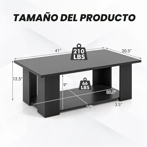Vista 3 de Tangkula Mesa auxiliar de 2 niveles, moderna mesa de cóctel rectangular con 5 patas de soporte, muebles de sala de estar con acento de madera, mesa