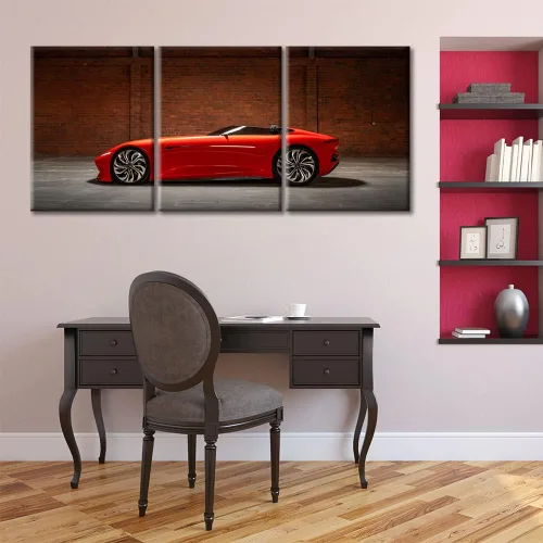 Vista 2 de Arte de pared de auto deportivo rojo para sala de estar, arte de pared de lienzo de súper auto genial, imágenes pósters, 3 piezas, arte moderno
